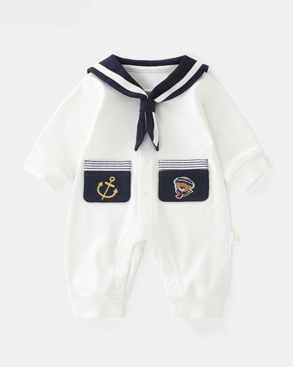 Navy Collar Pocket Design Baby Jumpsuits/Short Sleeve Set