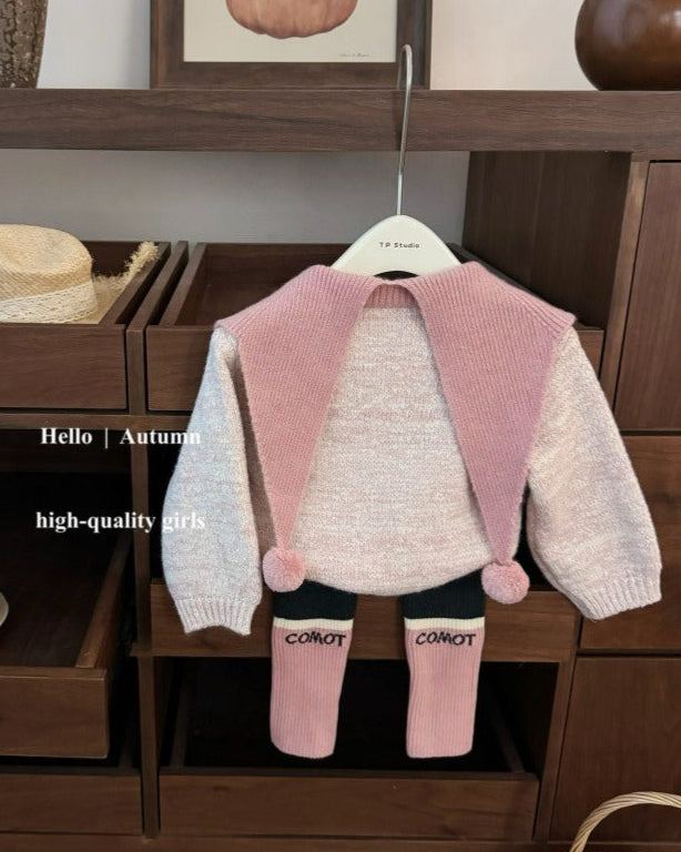 Knitted Ball Decor Color Block Girl Sweater Pants Set