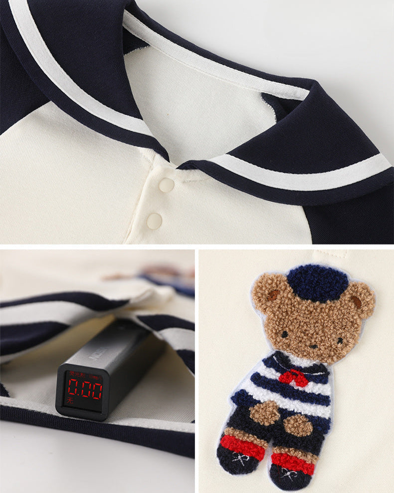 Cute Navy Bear Collar Pattern Long Sleeve Baby Jumpsuits