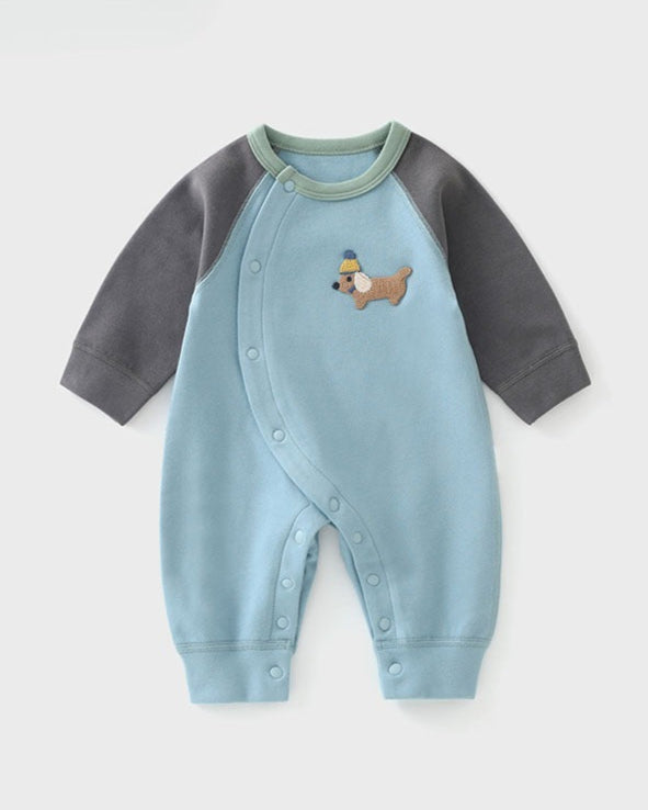 Casual Puppy Color Block Long Sleeve Baby Jumpsuits