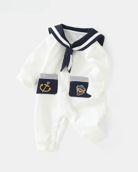 Navy Collar Pocket Design Baby Jumpsuits/Short Sleeve Set