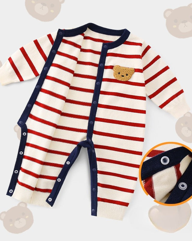 Bear Head Striped Long Sleeve Baby Jumpsuits Cardigan