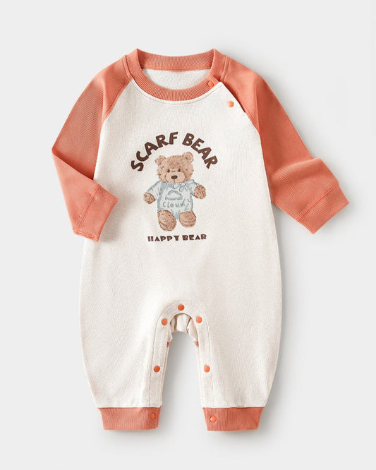 Scarf Bear Color Block Long Sleeve Baby Jumpsuits