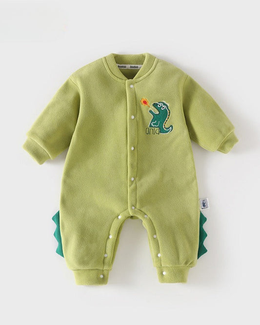 恐竜柄フリース長袖ベビージャンプスーツ