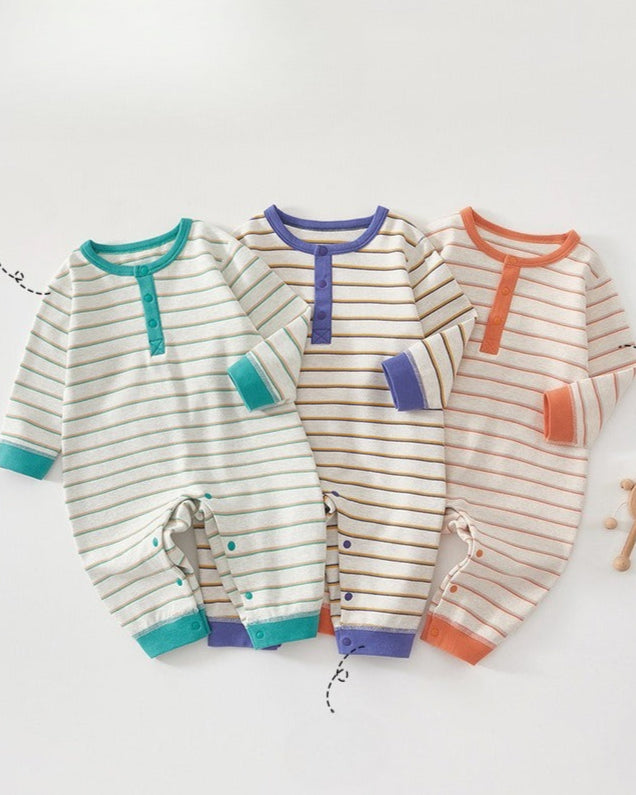 Striped Cotton Buttoned Long Sleeve Baby Jumpsuits