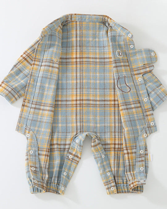 Dinosaur Plaid Printed Long Sleeve Baby Jumpsuits