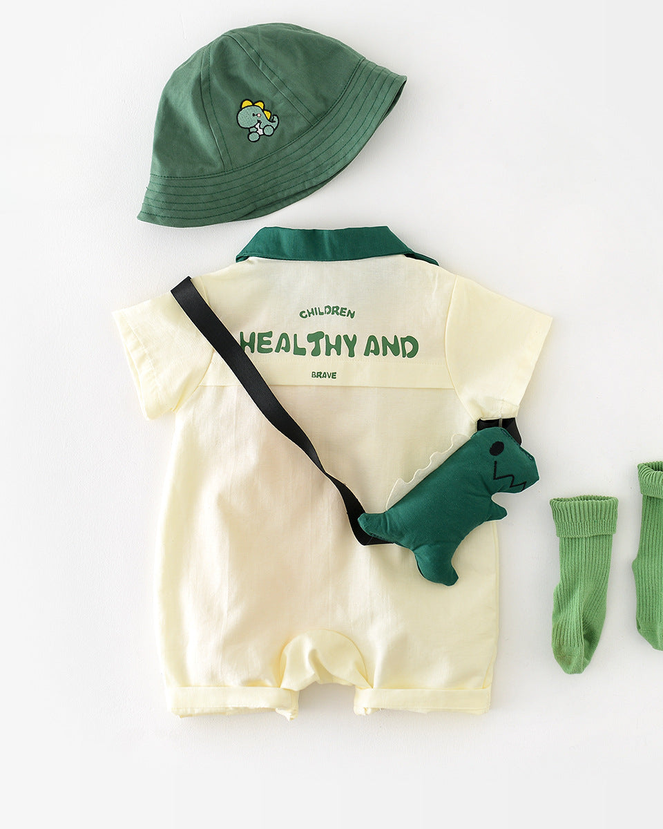 Dinosaur Collar Short Sleeve Baby Jumpsuits with Bag