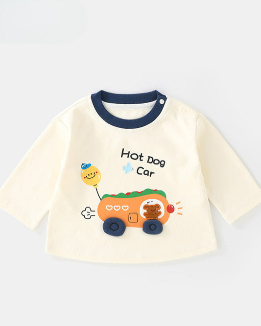 بلوزة أطفال بأكمام طويلة مطبوعة بسيارة هوت دوج