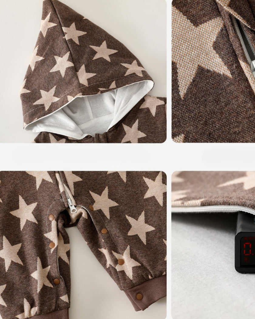 Star Printed Zipped Warm Baby Hooded Jumpsuits