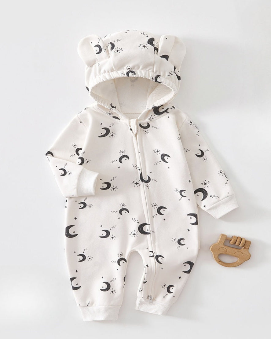 Cotton Printed Zipped Baby Ear Hooded Jumpsuits
