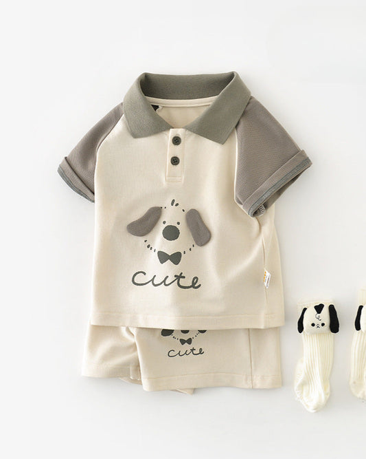 Dog Pattern Casual Baby Polo Shirt&Pants Set