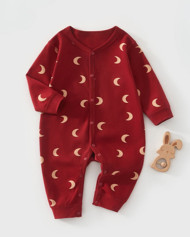 Moon Printed Buttoned Long Sleeve Baby Jumpsuits