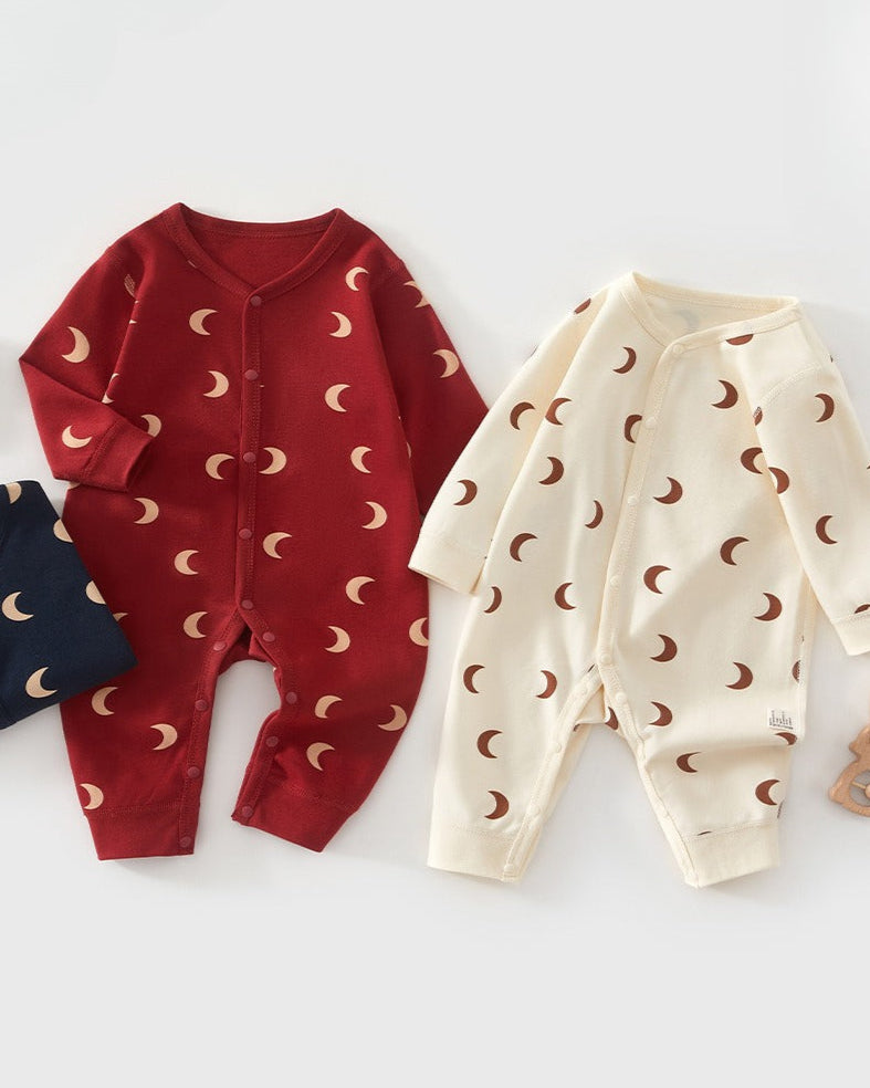 Moon Printed Buttoned Long Sleeve Baby Jumpsuits