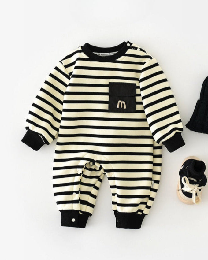Casual Striped Pocket Design Long Sleeve Baby Jumpsuits