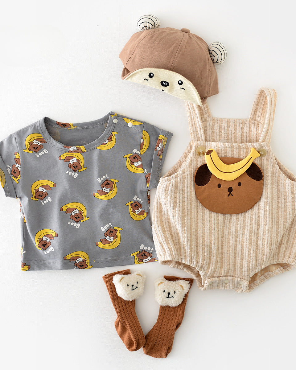 2pcs Bear Banana Pattern Baby Tee&Romper Set