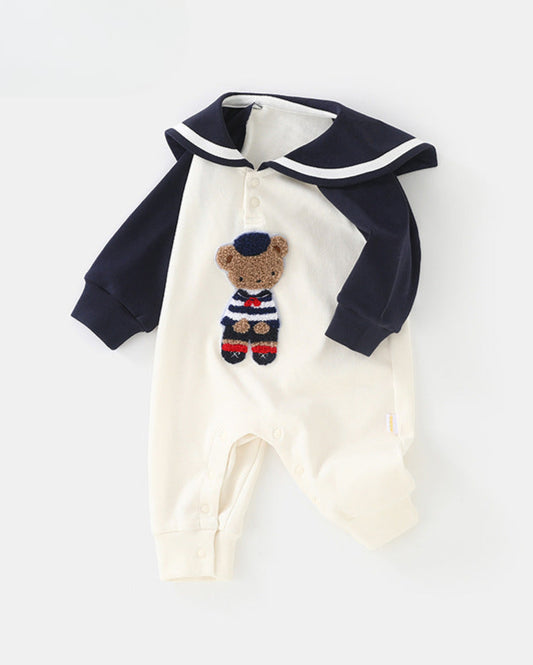 Cute Navy Bear Collar Pattern Long Sleeve Baby Jumpsuits