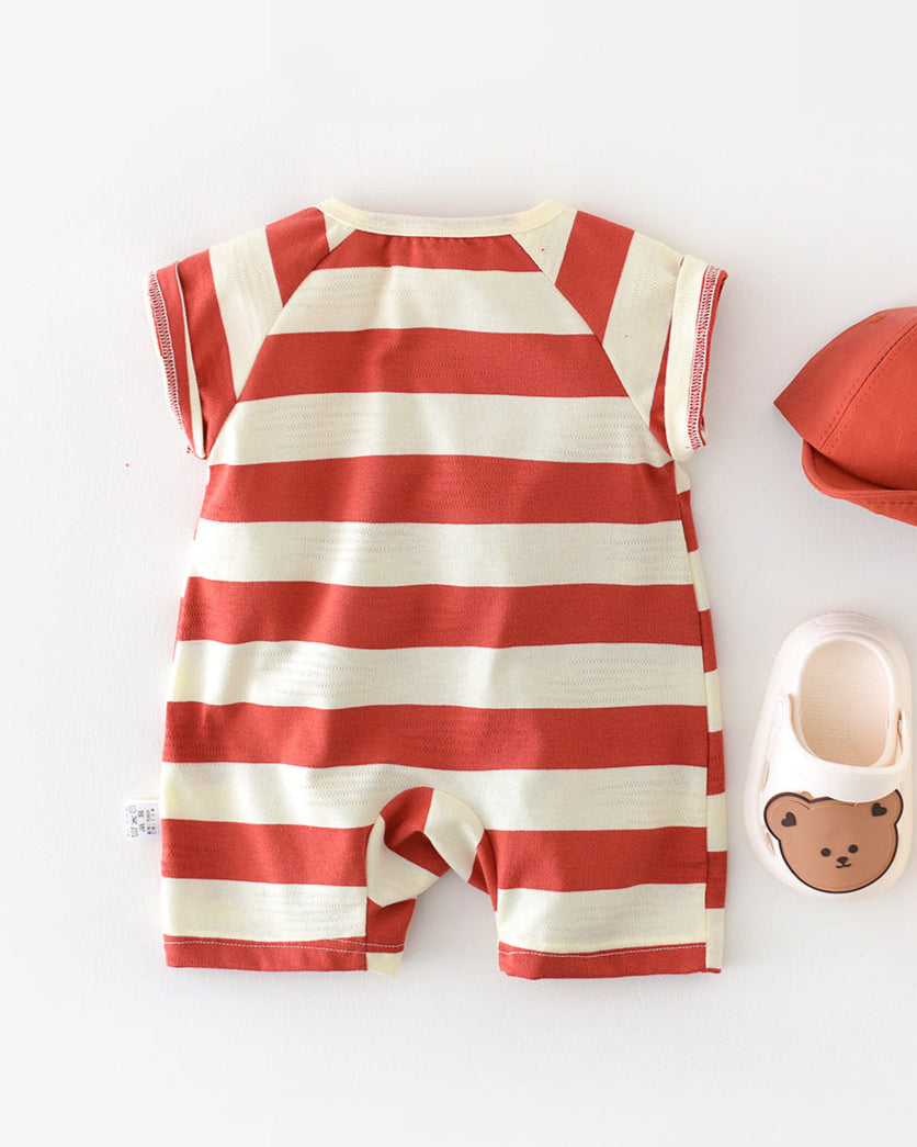 Striped Dog Pattern Short Sleeve Baby Jumpsuits
