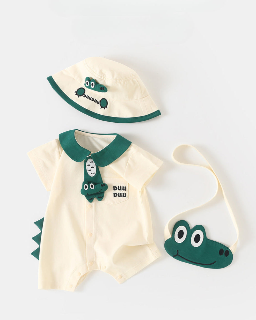 Crocodile Pattern Short Sleeve Baby Jumpsuits Hat Bag
