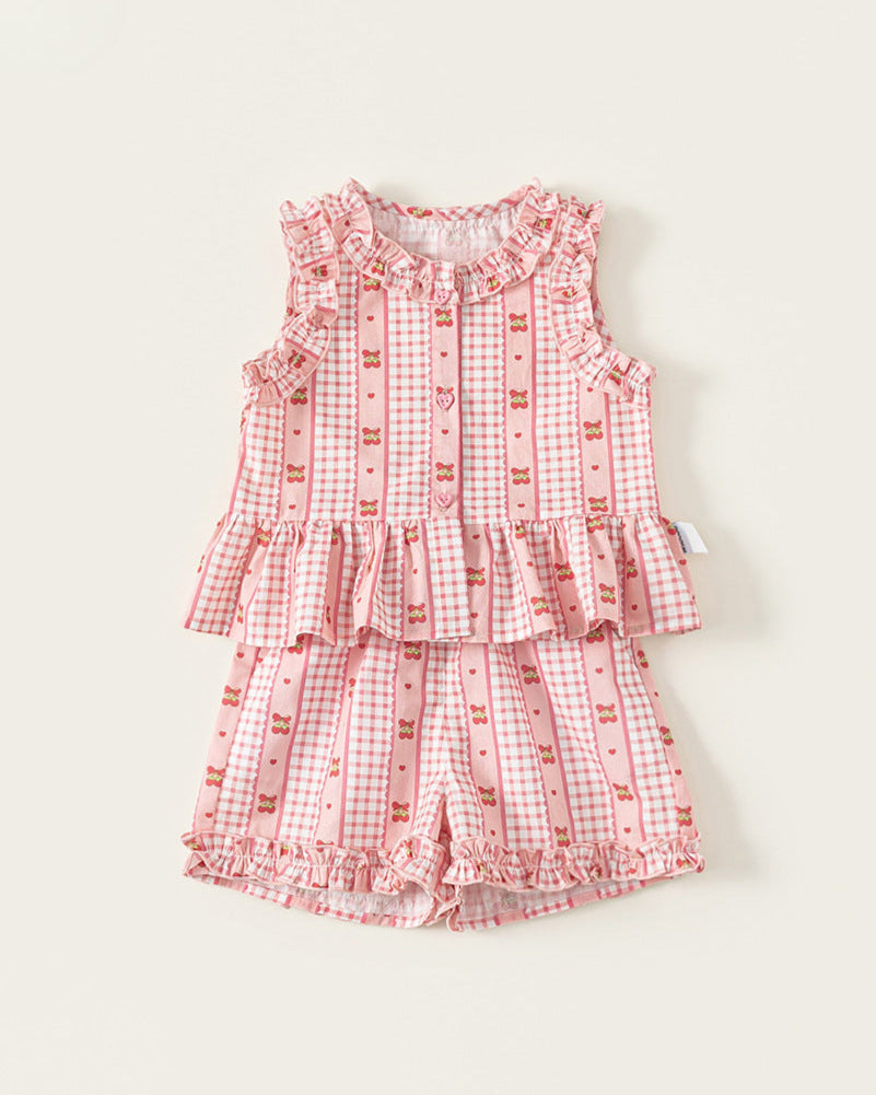 2pcs Plaid Floral Heart Buttoned Girl Top&Pant Set