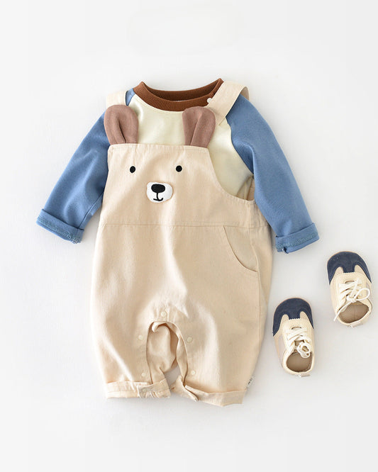 Color Block T-shirt Bear Baby Jumpsuits Set