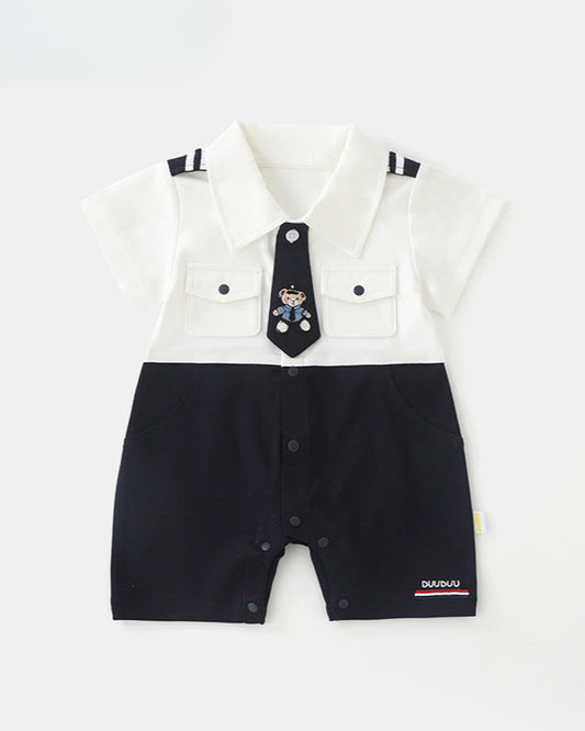 カラーブロックベアタイデコレーション半袖ベビージャンプスーツ