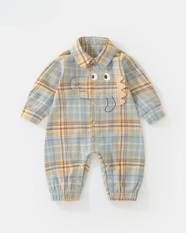 Dinosaur Plaid Printed Long Sleeve Baby Jumpsuits