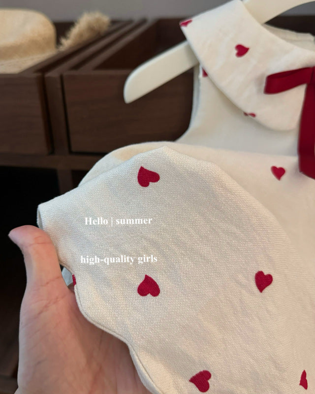 Sweet Heart Printed Bow Sleeveless Baby Girl Dress