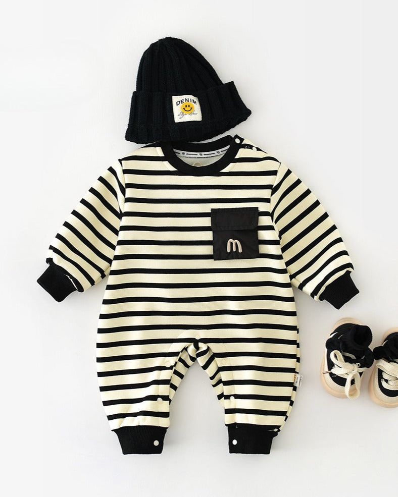 Casual Striped Pocket Design Long Sleeve Baby Jumpsuits
