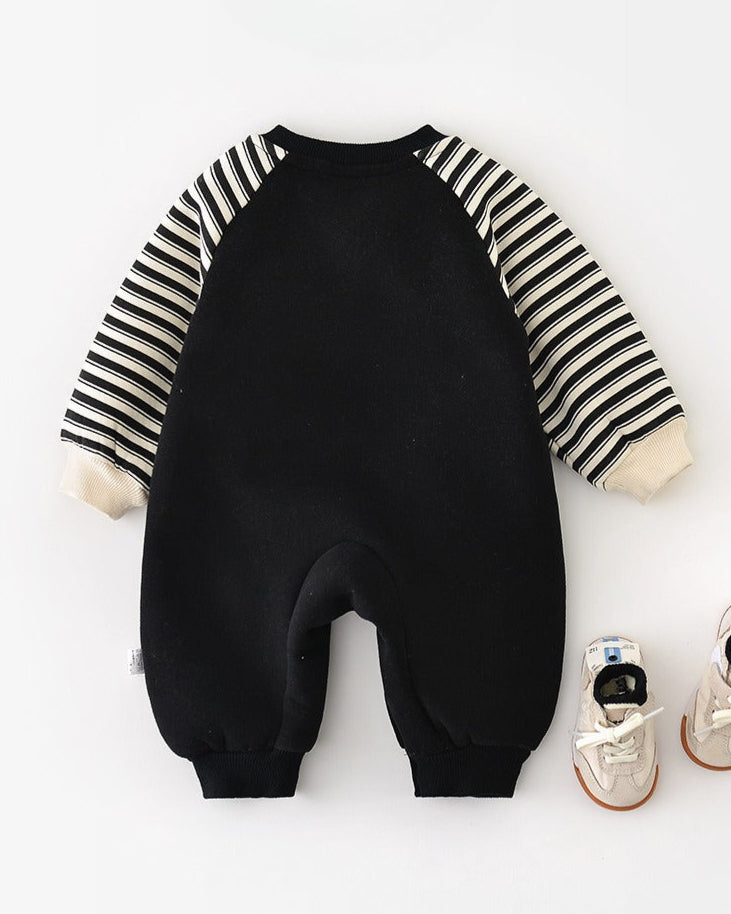 Clock Pattern Striped Fleece Baby Jumpsuits