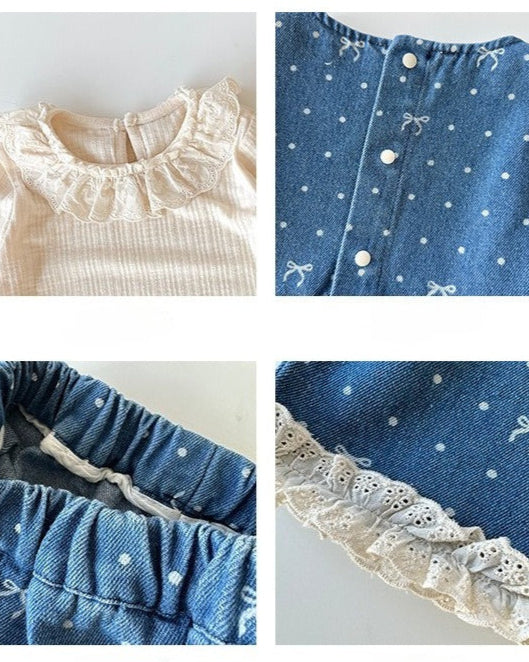 Sweet Denim Bow Dot Pattern 2pcs Set Bottoming Shirt