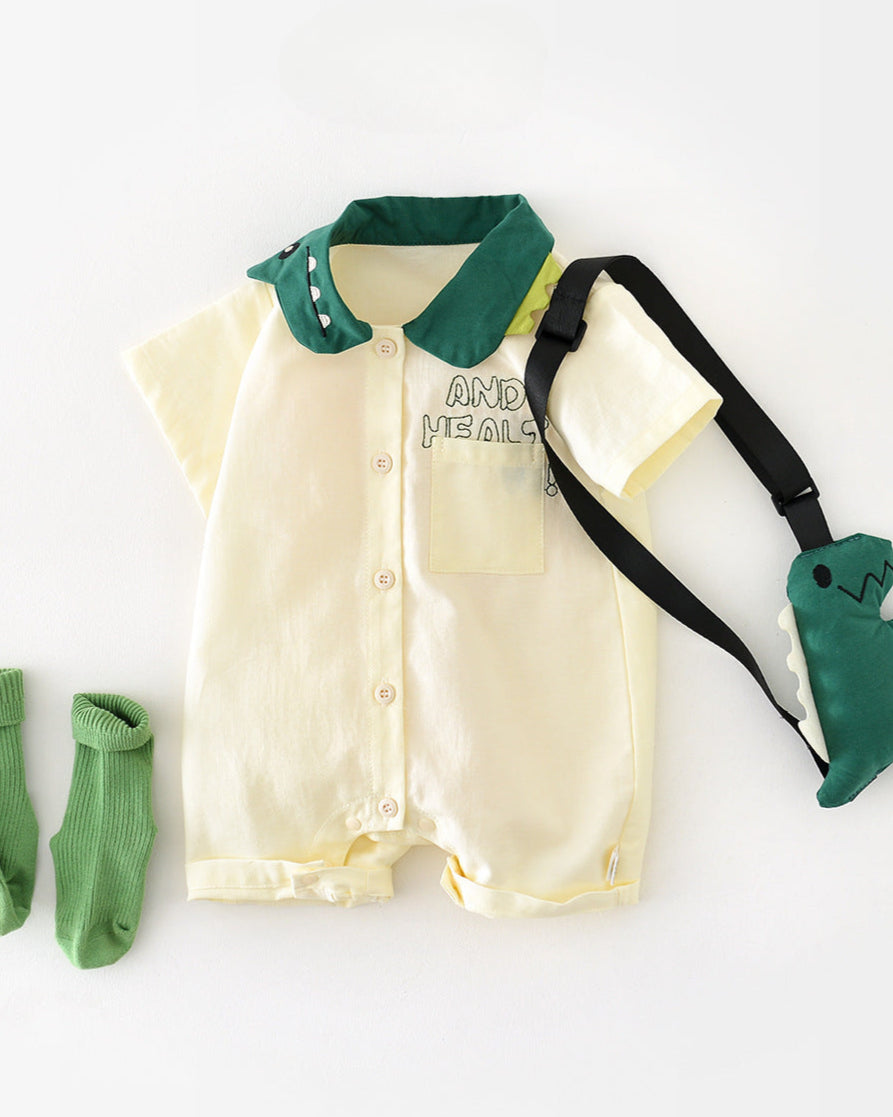 Dinosaur Collar Short Sleeve Baby Jumpsuits with Bag
