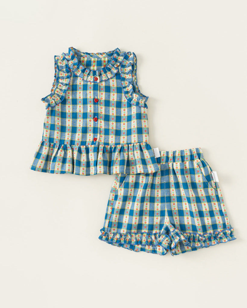 2pcs Plaid Floral Heart Buttoned Girl Top&Pant Set
