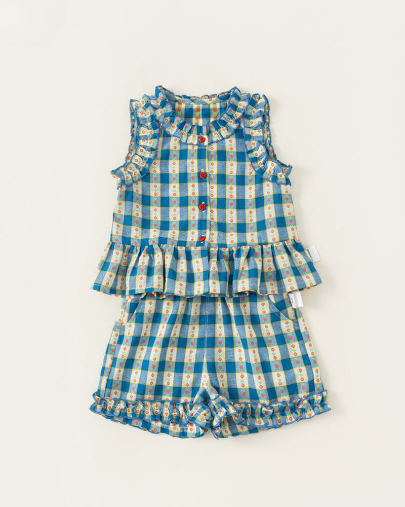 2pcs Plaid Floral Heart Buttoned Girl Top&Pant Set