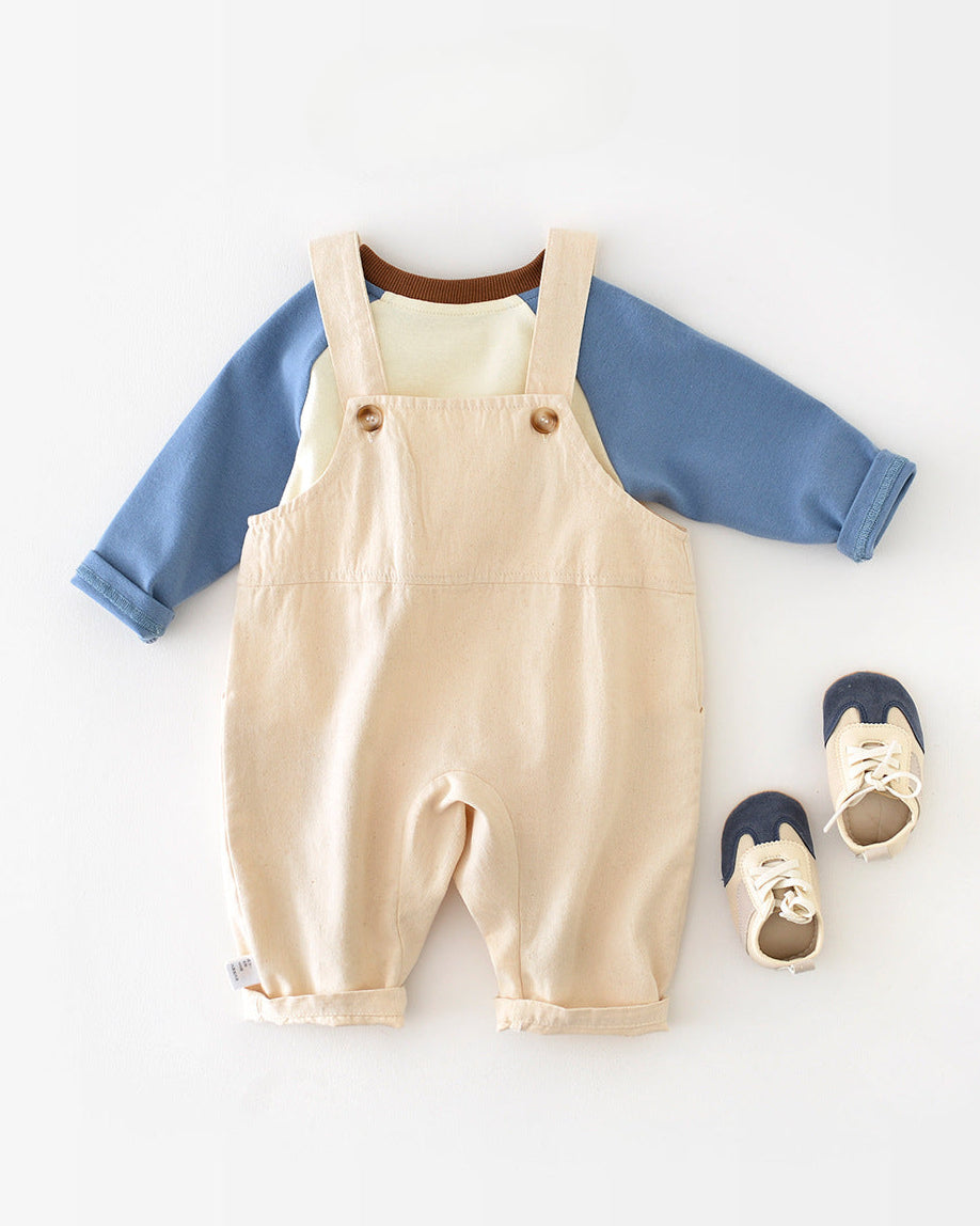 Color Block T-shirt Bear Baby Jumpsuits Set