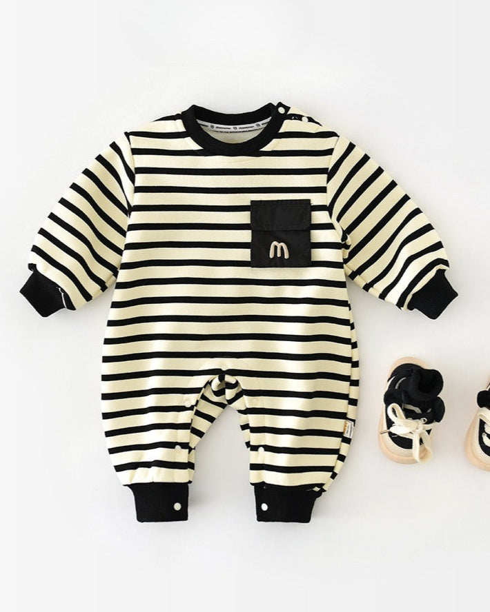 Casual Striped Pocket Design Long Sleeve Baby Jumpsuits