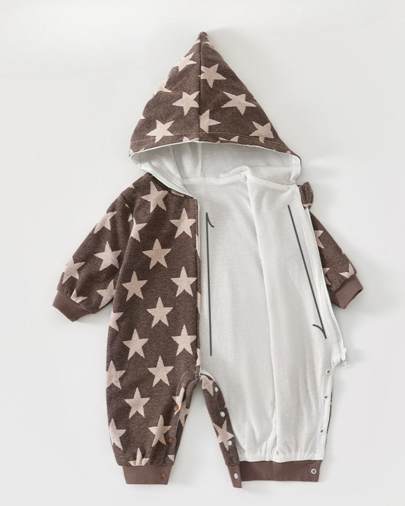 Star Printed Zipped Warm Baby Hooded Jumpsuits