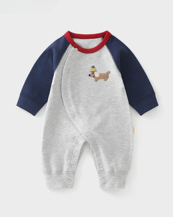 Casual Puppy Color Block Long Sleeve Baby Jumpsuits