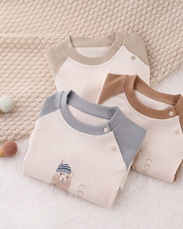 Bear Printed Color Block Long Sleeve Baby Jumpsuits