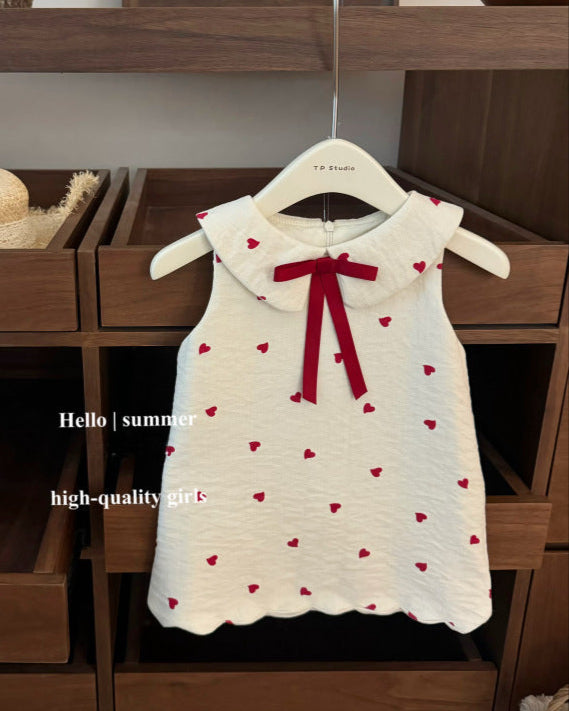 Sweet Heart Printed Bow Sleeveless Baby Girl Dress