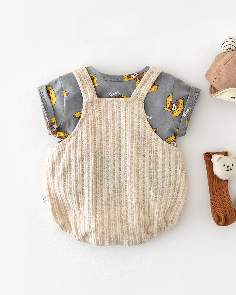 2pcs Bear Banana Pattern Baby Tee&Romper Set
