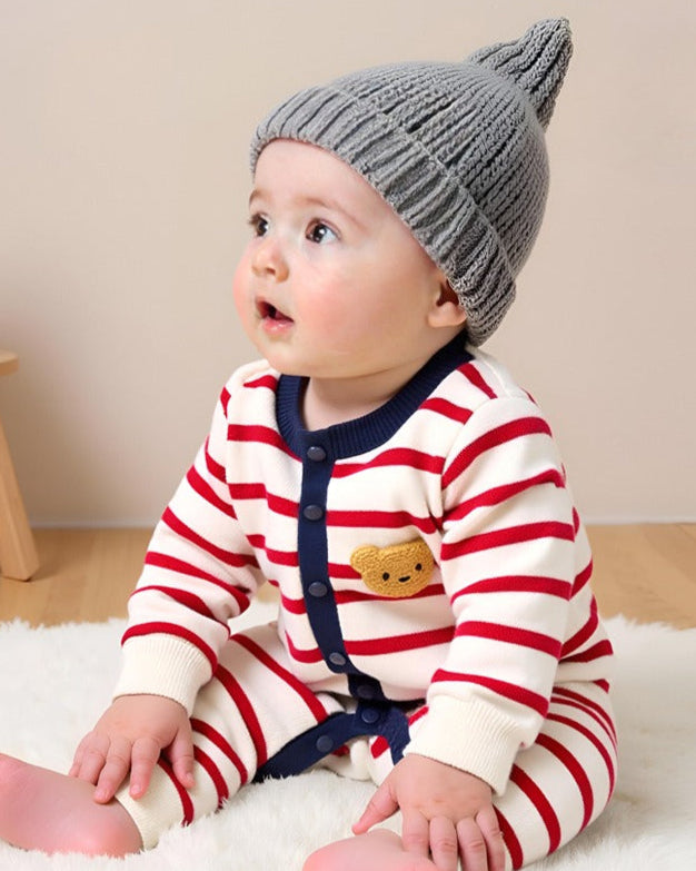 Bear Head Striped Long Sleeve Baby Jumpsuits Cardigan