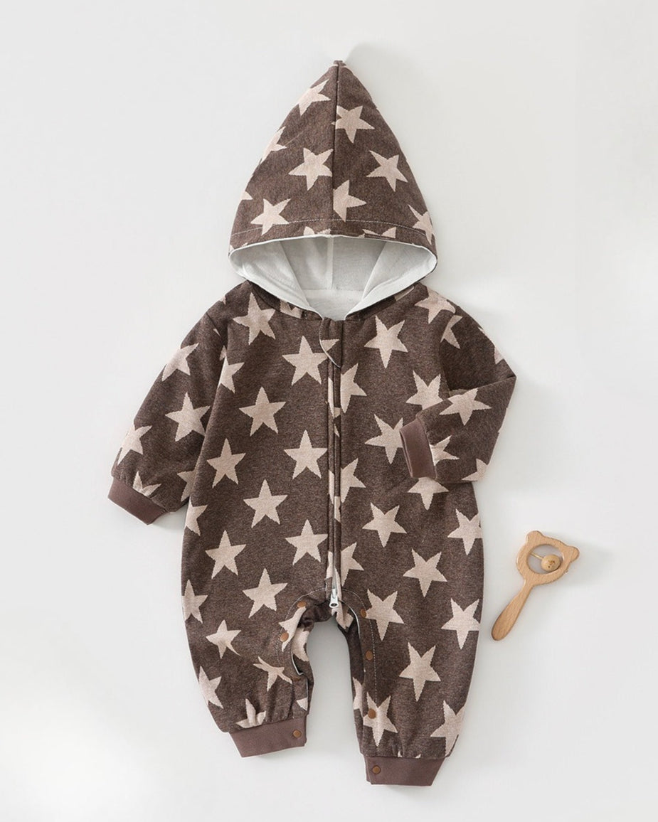 Star Printed Zipped Warm Baby Hooded Jumpsuits