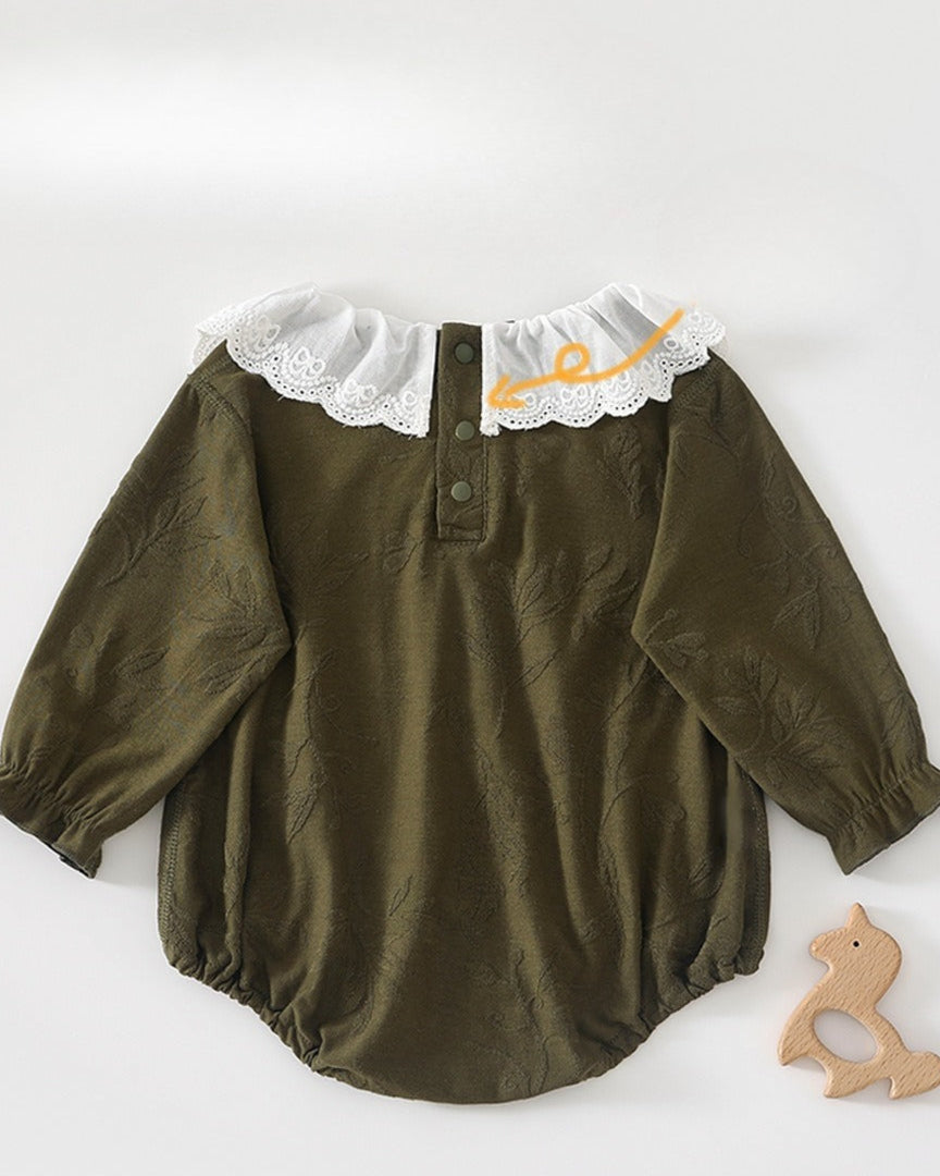 Lace Collar Leaf Pattern Long Sleeve Baby Romper