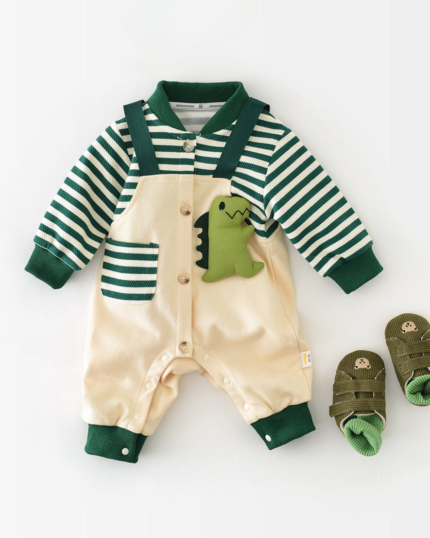 Dinosaur Pattern Striped Pocket Baby Jumpsuits