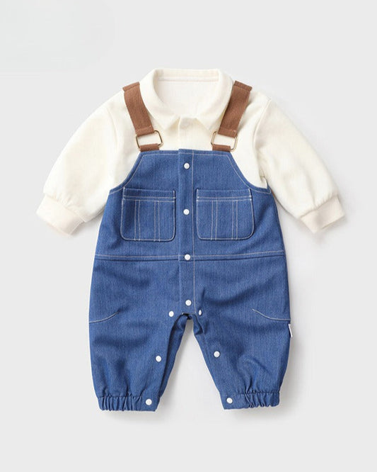 フェイクツーピースデニム長袖ベビージャンプスーツ