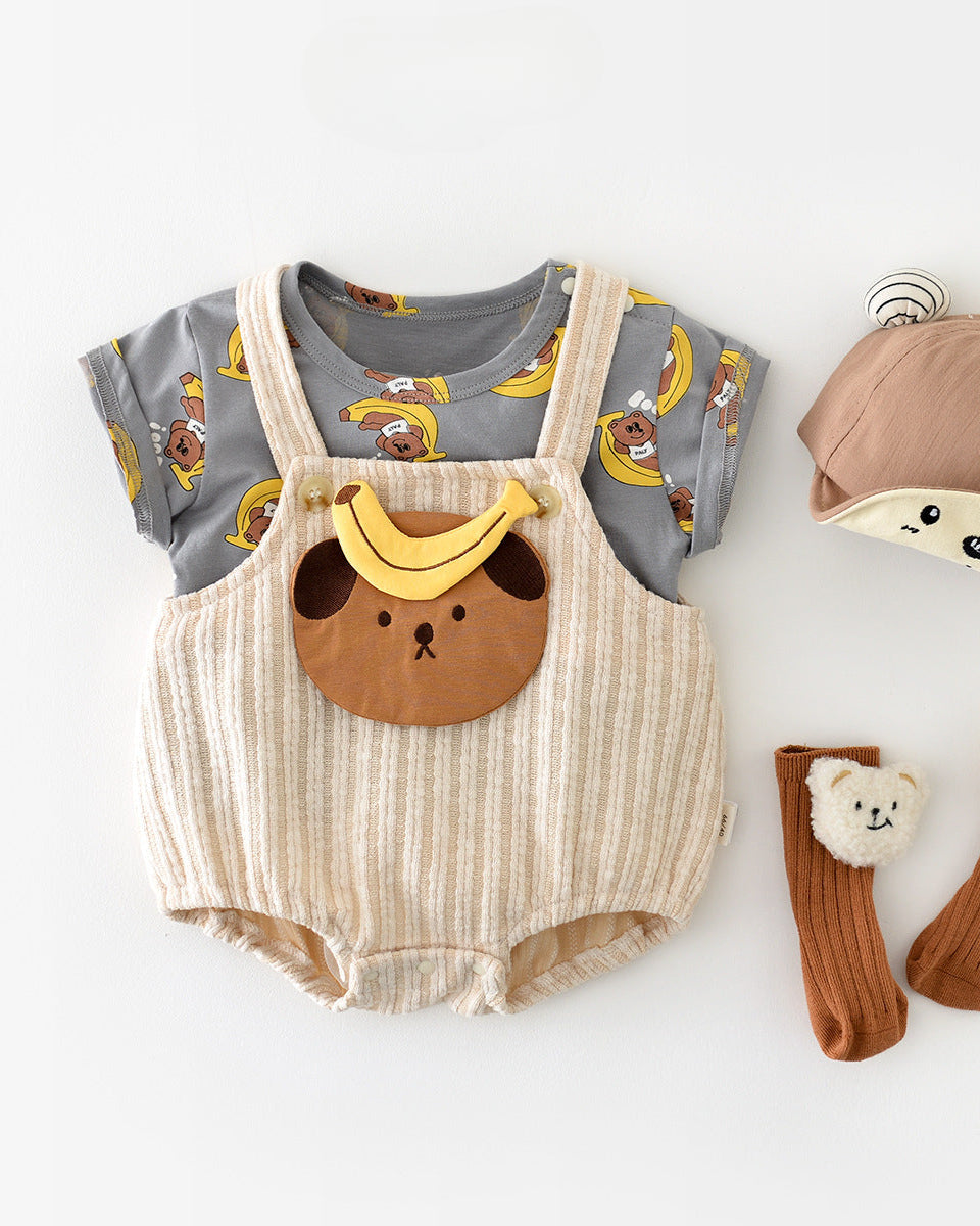 2pcs Bear Banana Pattern Baby Tee&Romper Set