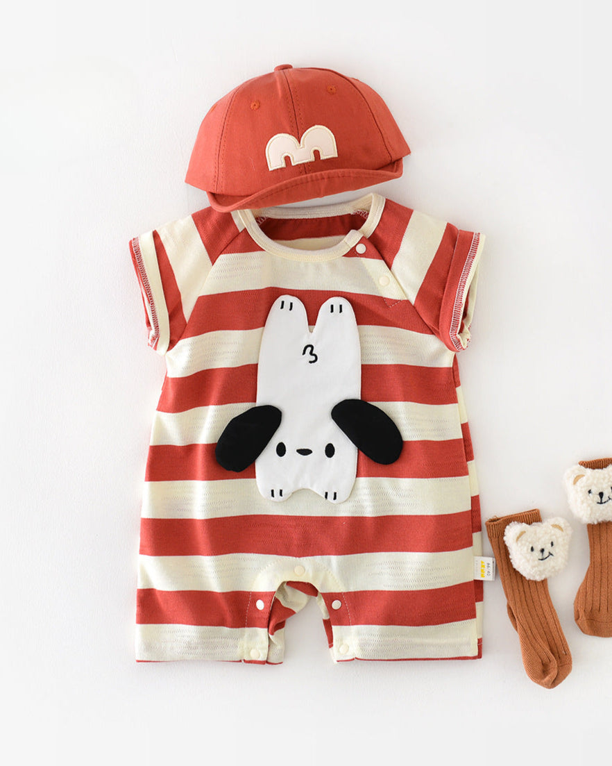 Striped Dog Pattern Short Sleeve Baby Jumpsuits