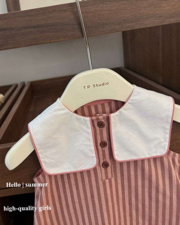 Dot Decor Collar Striped Sleeveless Baby Girl Dress