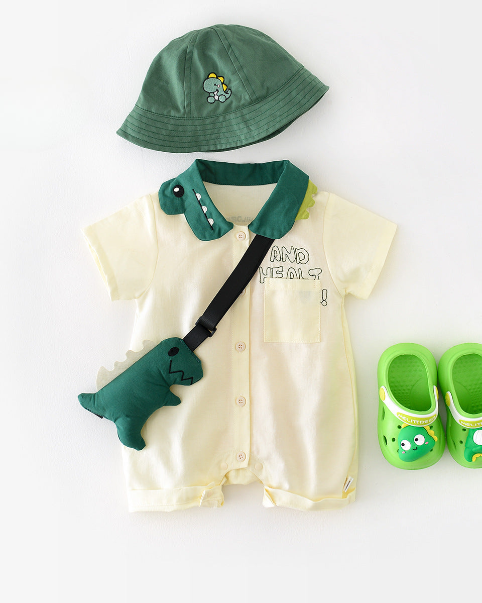 Dinosaur Collar Short Sleeve Baby Jumpsuits with Bag