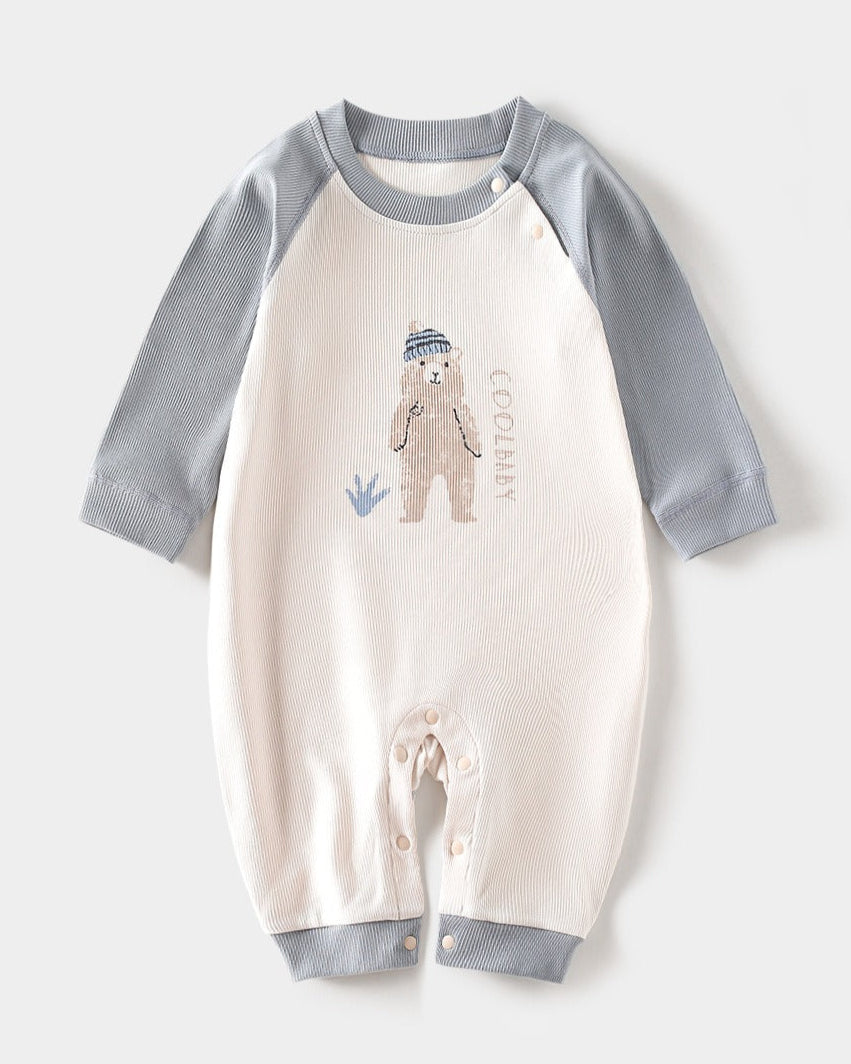 Bear Printed Color Block Long Sleeve Baby Jumpsuits